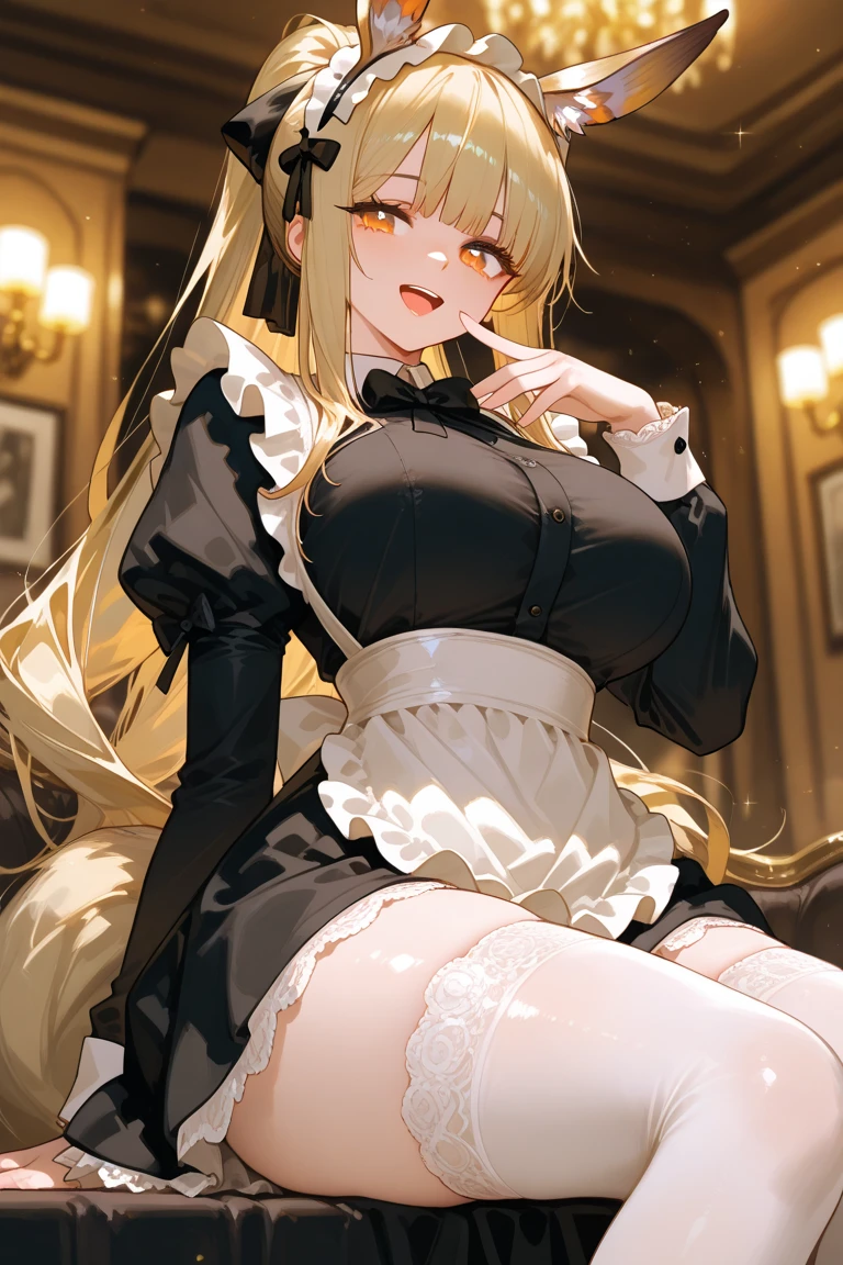 One Woman、beautiful girl、maid、20-year-old、blonde、ponytail、Western-style building、maidの、Calm look、Drooping eyes、頭にmaidカチューシャ、Short skirt、Black Pantyhose、Ultra-high definition image quality、Highest quality, smile,Big Breasts、Very large breasts、Sit on a chair、Crossing your legs、Sit with your legs apart、Poses that accentuate the chest、Squint your eyes and smile、Breast augmentation、Lean forward