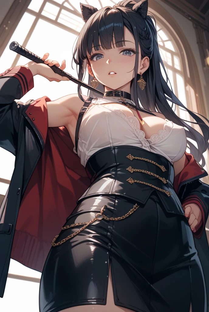 beautiful, (masterpiece:1.2), (best quality:1.2), perfect lighting, perfect eyes, perfect face, 1girl, bikini, bikini under clothes, black bikini, black choker, black gloves, black hair, black lips, black nails, black skirt, breasts, choker, cleavage, cropped jacket, cross, earrings, eyeliner, eyeshadow, fingerless gloves, gloves, hand on hip, highleg, highleg bikini, huge breasts, jacket, jewelry, lips, lipstick, long hair, makeup, microskirt, miniskirt, navel, open clothes, open jacket, red eyes, skirt, sleeves pushed up, solo, standing, striped, striped bikini, striped thighhighs, swimsuit, thighhighs, thighs, underboob
