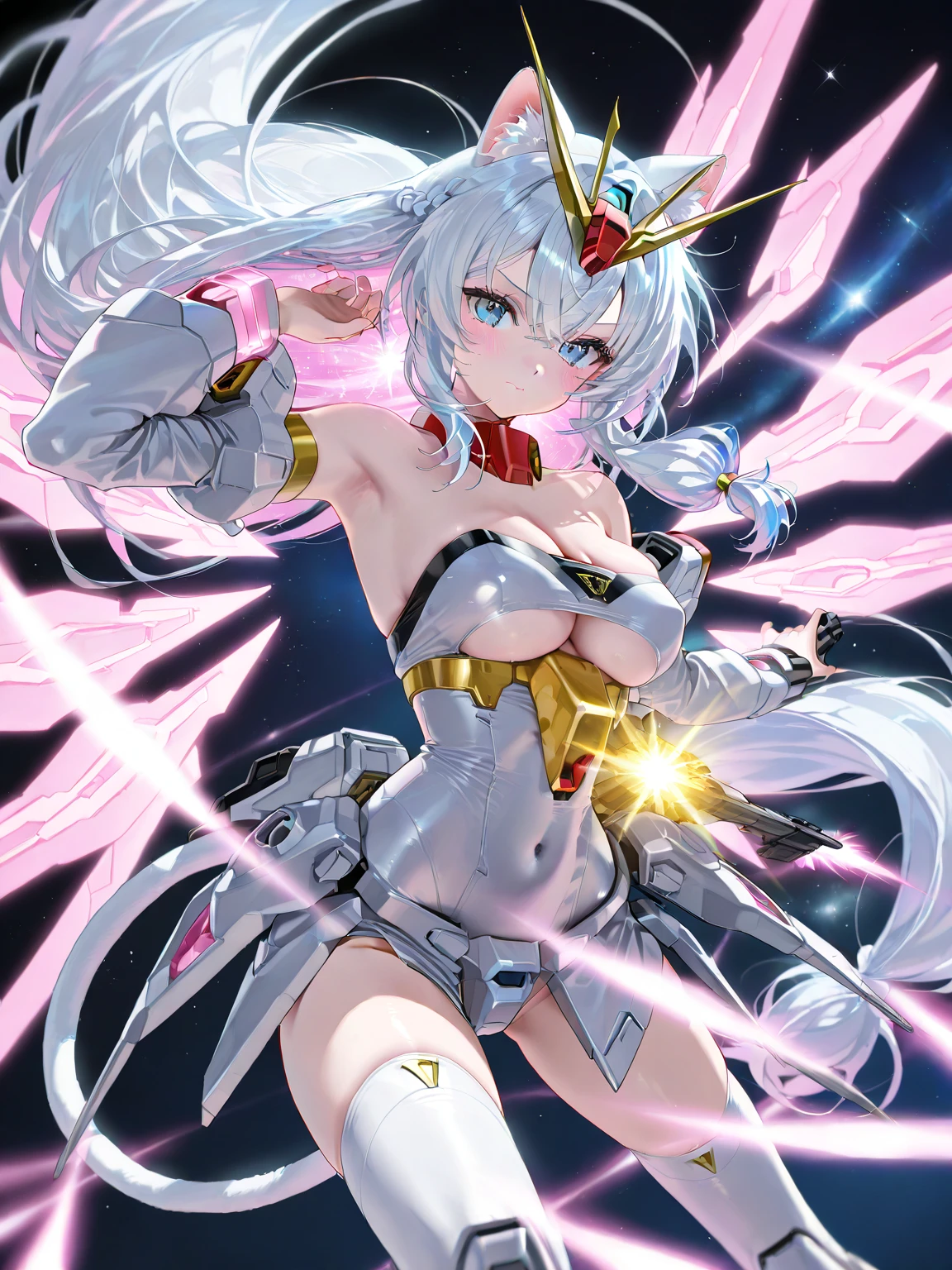 20 year old young woman( Long white hair ),(bright red eyes)<=(eyes HD lighting) (has red lips), beautiful eyebrows (badass expression) both hands have red bracelets on the arms (wears clothes made of transparent white cloth) (sexy white underwear model Garter Belt ) (has 6 large wings with a beautiful bright green color) (He wears gold bracelets on both feet) (sky setting at sunset) (there is an effect of bright red particles flying in the background, (flying) (pose during serious fighting) <=(lunging forward)giving an elegant and epic impression.dark atmosphere with bright particle light(many effects in background)