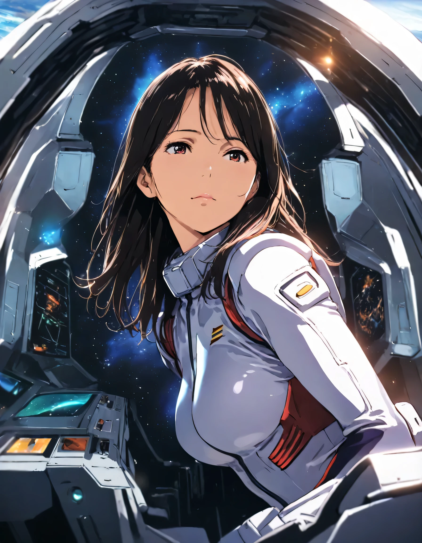 1girl, hayashi meari, gundam, year 2016, upper body, universe, gundam cockpit, pilot suit, masterpiece, high score, great score, absurdres, 16k, super detail