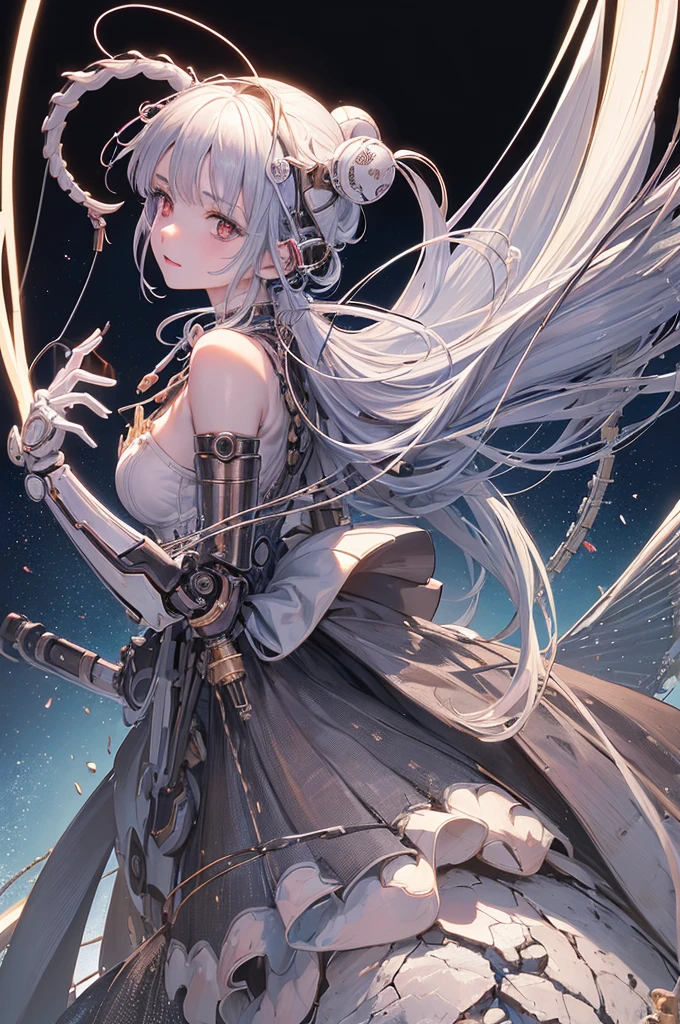 ((obra de arte, melhor qualidade)),uma garota, Sozinho, vestir, Standing, halo, beco, ao ar livre, franja, white vestir, cabelo branco, cabelo longo, Black shoes, tubo industrial, olhando para o espectador, campo aberto, dark lighting, lixo, lixo bin, hxh2011 corpo inteiro, big ass
