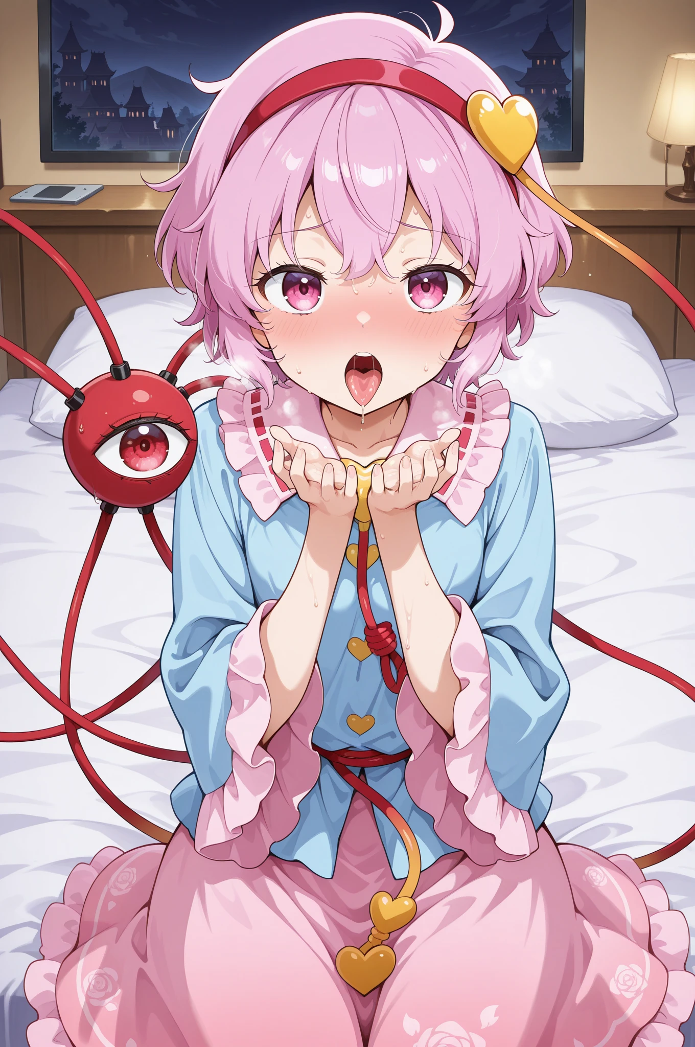 masutepiece, Best Quality, 1girl in,Komeiji Satori,Ahoge, Pink hair,Pink eyes,Short hair,shairband, 3rd eye, Bedroom background,fullnude、It is dripping with the mouth open and the tongue sticking out、all-fours、Face during estrus、buttocks visible、Looking back、beautiful countenance、good breasts