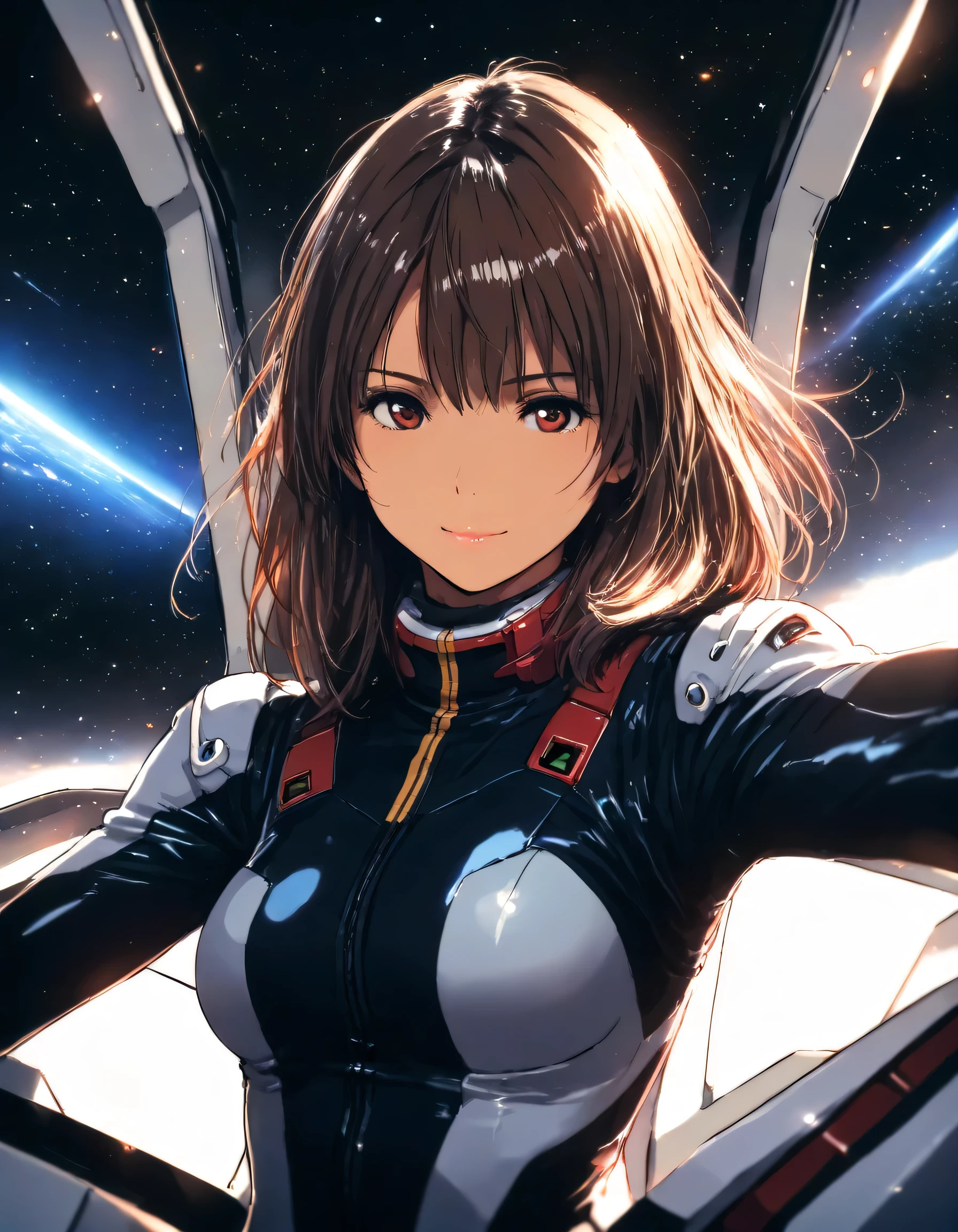 1girl, yoda yuki, gundam, year 2016, upper body, universe, gundam cockpit, pilot suit, masterpiece, high score, great score, absurdres, 16k, super detail