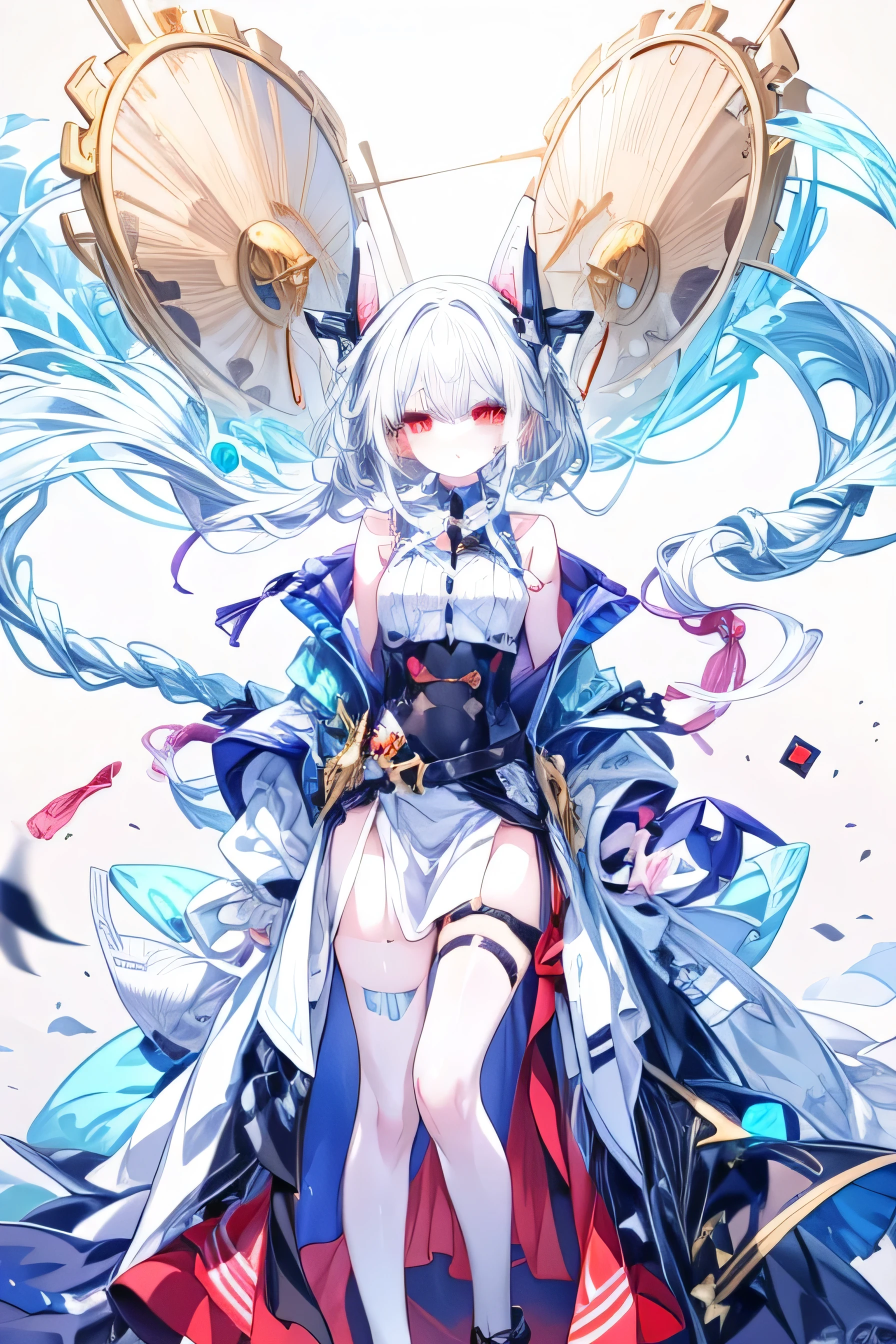 Cow horns and ears. No human ears. Long white hair. Blue eyes. Pale skin. Cute smile. White and blue outfit.