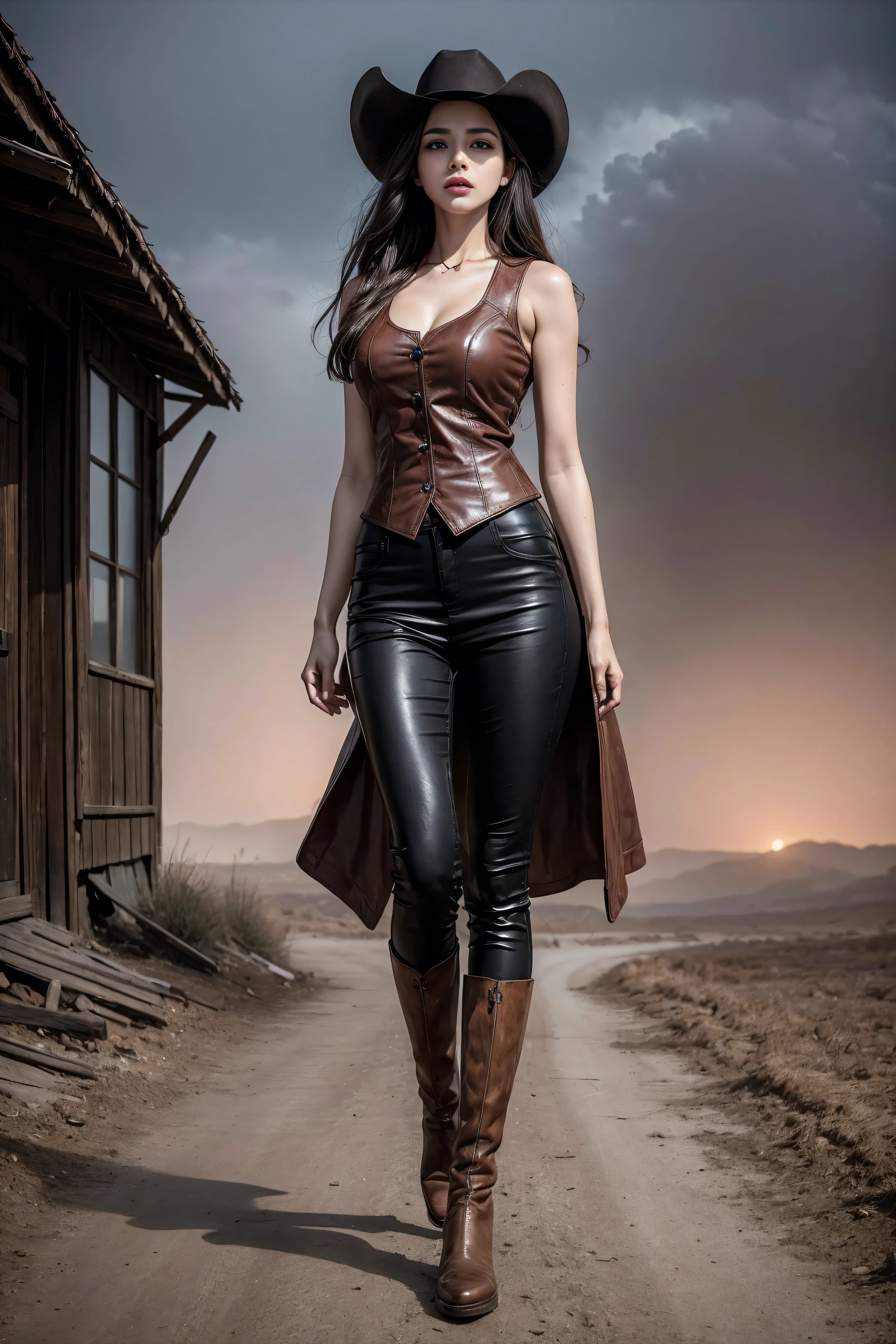 Full body cowboy woman circa 1880s, Long straight blond hair, Brown eyes, High arched eyebrows, Slender and graceful neck, Red lips, Large Breasts, Brown Leather Tights, Sleeveless Brown Leather Vest, Leather Boots, Walking on the dusty sandy streets of a deserted North American town,The wind blew through her hair, Practical, photoPractical, photoPractical, fear, Dark gloomy atmosphere and dramatic lighting, dark red, Foggy environment, Detailed facial expressions, Terrible fog