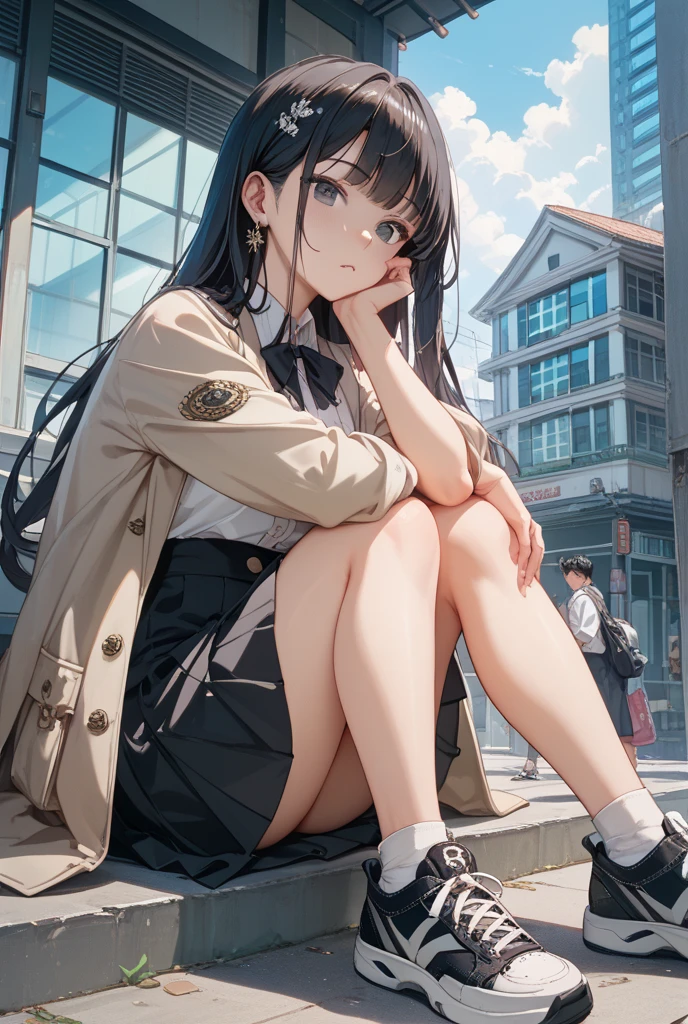 high-definition full-color images, atmospheric perspective, 8k, super detail, accurate, best quality, angle from below, a woman, ((realistic skin)), drooping eyes, ecstasy, sleepy, small eyes, (((straddle to hit her panties for masturbation against an aluminum bollard that was installed on the sidewalk))), (outside of downtown area), tiny earrings, thin necklace, (work clothes, unbuttoned suit jacket, thin blouse, skirt, thigh-high stocking, id card), (open legs), (((swollen areolas are visible through the blouse))),
