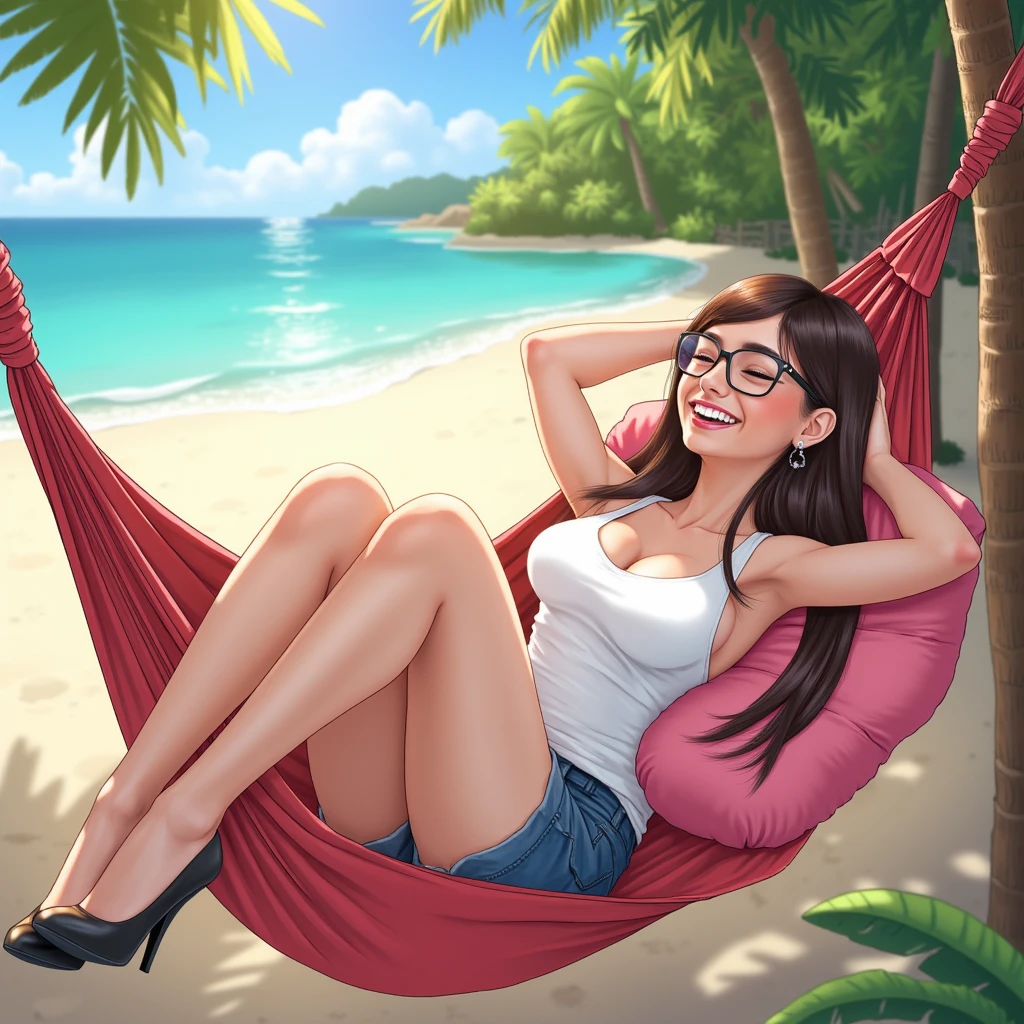 A brown haired woman with red eyes with an hourglass figure in a cute one piece suit is reading at the beach
