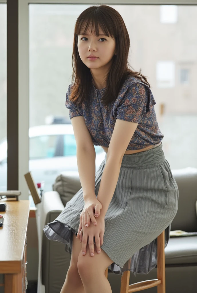 (Best quality, 8k, 32k, Masterpiece, UHD:1.2),Photo of Pretty Japanese woman, short hair,squatting, causual cloth skirt,