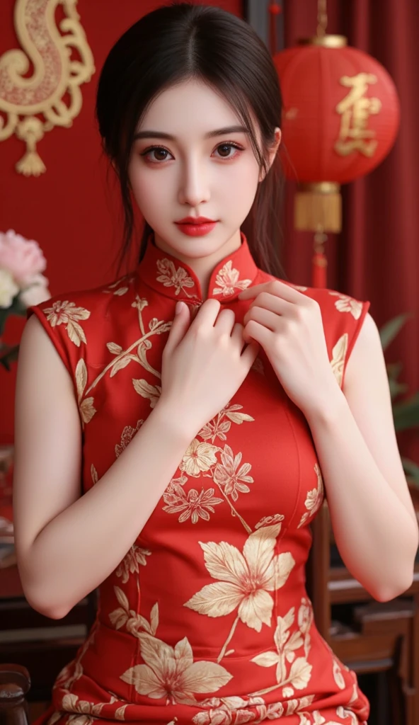 (masterpiece), Realism, high details, high quality, photorealistic, perfect face, expressive eyes, (an attractive woman in Cheongsam ), elegant woman, (light smile), luxury, (black hair with red tips, straight, multicolored hair, colored inner hair), emerald eyes, (full detailed red Cheongsam dress, Hair pins, chinese dragon pattern, wide long sleeves, gold trim),height heel, hourglass body shape, well accentuated curves, slender figure, (Extremely detailed skin texture), Extremely aesthetic, (immersive), stylish, Extremely detailed realistic clothing, twilight, cherry blossom, glow Chinese lanterns, Chinese new year, (red and gold colors schemes), glossy lips, eyeshadow, beautiful makeup ,smiling in a confident, gentle smile,