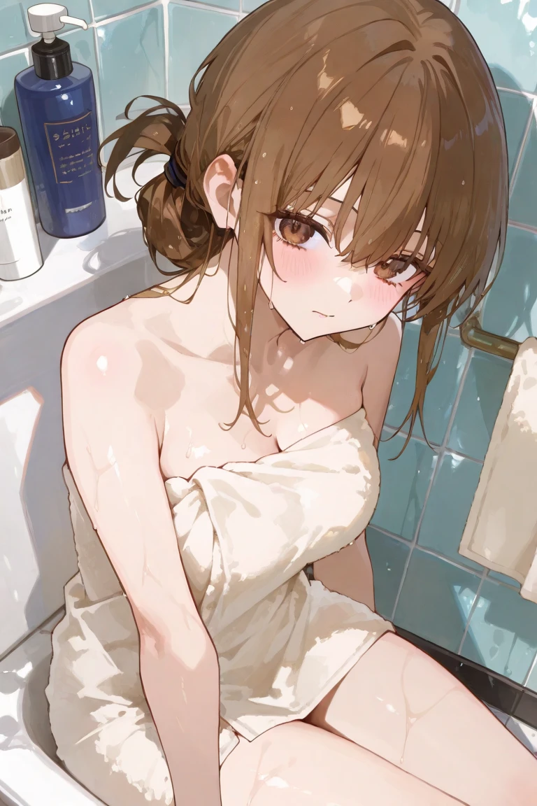 (((masterpiece))), (((best quality))), ((ultra-detailed)), (illustration), ((an extremely delicate and beautiful)),dynamic angle,floating, (beautiful detailed eyes), (detailed light),ultrahigh resolution,shy girl,(brown hair/hirblack eye),a beautiful,(bathroom),((A towel around the body)),very delicate water,(mist),,