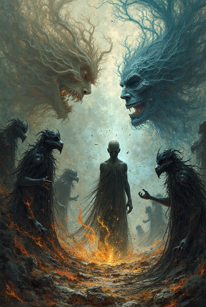Black background drawing of lost of shadow faces in a burning forest of blue flames