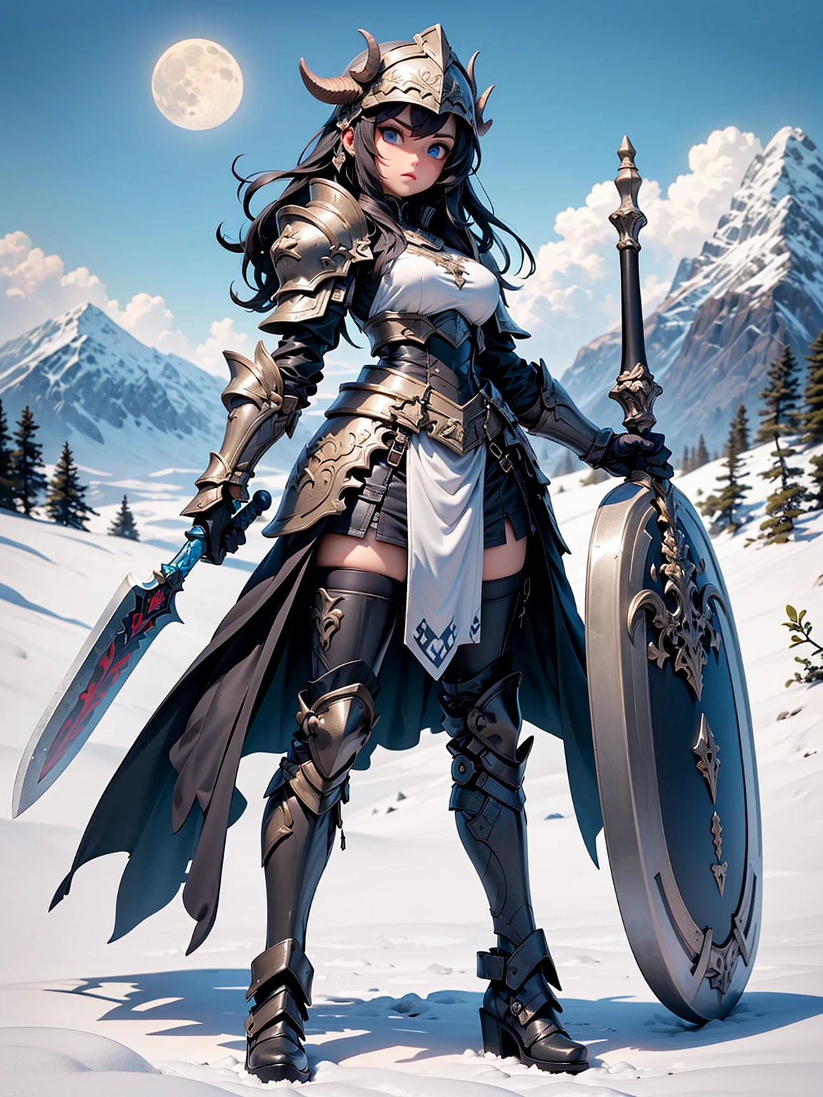 A beautiful woman, (from below: 1.3), (perspective: 1.2), looking at the audience, full body, full body photo, very huge breasts, high heels, (( snow background)), (( full body armor, gown)), smile, ((holding a weapon)) , very big ass, black color hair, ponytail hairstyle, ((Highest quality)), ((outstanding detail)), ((super high resolution: 3.5)), (fidelity: 1.4), ((best illustration, favor details, perfect detail rendering, ultra HD, masterpiece, ultra high res)), (photorealistic:1.5), raw photo, perfect brightness and darkness, light ray, perfect balance, smooth color transition, perfect body figure, full body frame, shining light, red and black color armor, aura, mantle, cape, Full detail armor design, crown, blue eyes