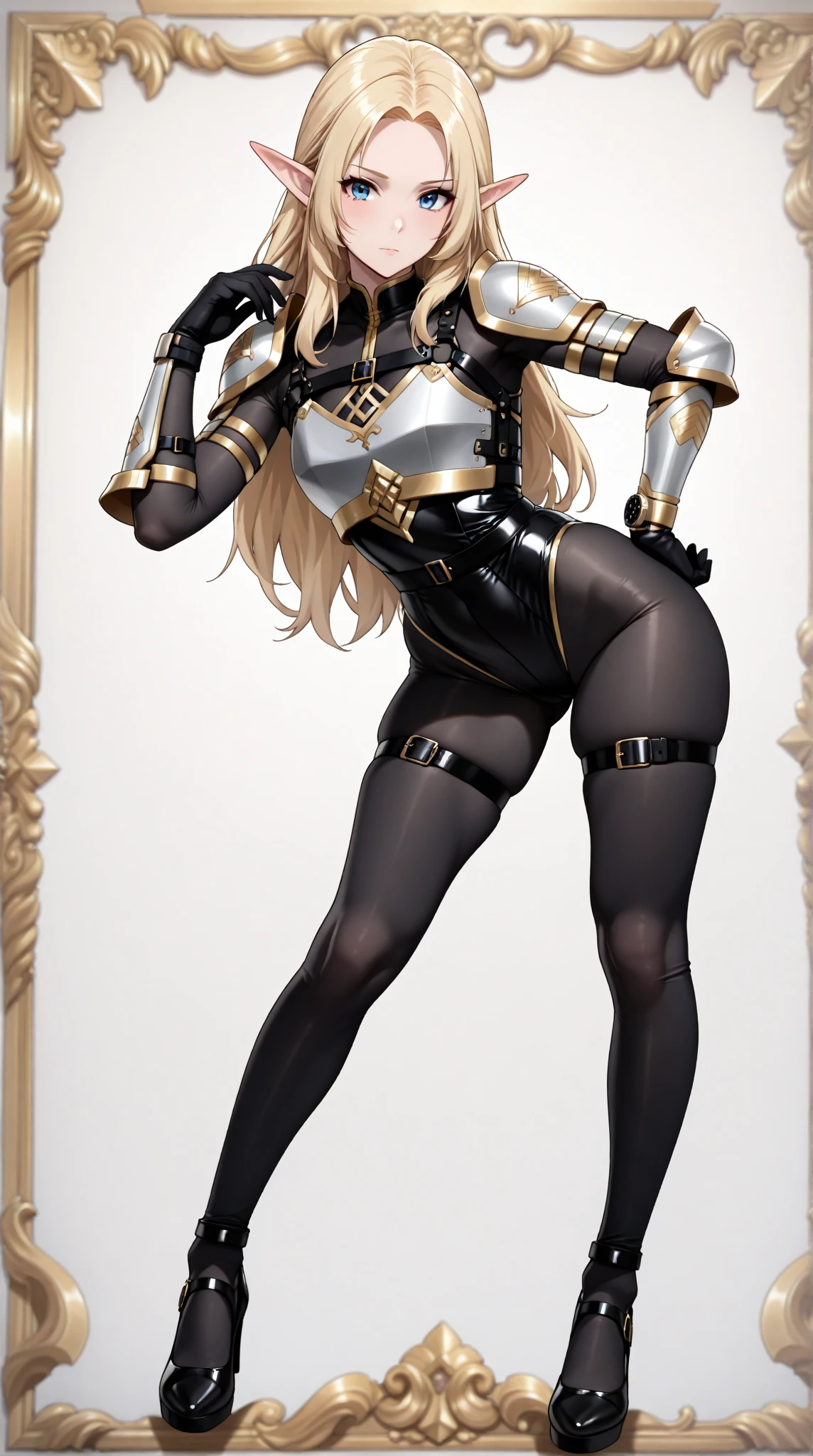full body picture Unreal Engine 5 8K UHD Octane, fractal, pi, realistic beautiful girl, face detailed, wearing cyberpunk futuristic black latex catsuit, gold lace, latex glove, earrings, long blonde hair, gold necklace, leather jacket, glasses, best quality, masterpiece