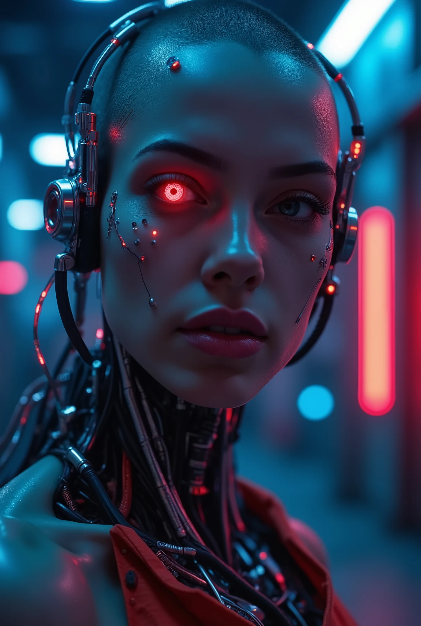A close-up portrait of a futuristic, cybernetic robotic character with striking features. The character has piercing red eyes that stand out against a sleek, metallic face adorned with intricate technology. ((((She has long glowing fibre optic cables on her shaved head))), adding a dynamic and thrilling element to the composition. The background is a blurred mix of neon lights in shades of blue and red, creating a high-tech environment. The lighting is dramatic with a bright white spotlight on her face, casting highlights that accentuate the contours of the character's face, emphasizing both mechanical and human elements. The composition is centered on the face, with a shallow depth of field that draws attention to the eyes and facial details, evoking a mood of intensity and intrigue. The overall style blends elements of sci-fi and cyberpunk aesthetics, focusing on sharp angles and glowing components that reinforce the character's technological nature. Hyper detailed, UHD, 32K