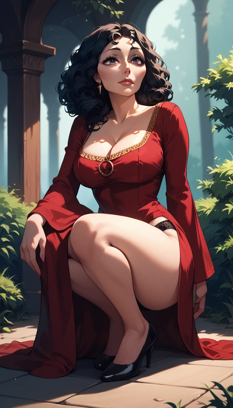 uma linda mulher, cabelo preto comprido, dark red lips, medium breasts, maquiagem escura, olhos azuis, vestido de princesa bonito