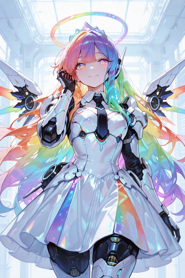 ((solo)), mechanical wings, rainbow halo, hair tucking, light smile, amazing masterpiece, top quality, high fashion, absurdres extremely, close up, HDR, intricate details, very cute face, vivid colors, commentary, mech goddess female, mechanical necktie, Tremendously long hair, (rainbow hair:1.2), tiara, '((white futuristic armor dress))', futuristic exoskeleton, futuristic instrumentation, (deboss processing decoration on body), (glowing shiny body), (glowing multicolored eyes:1.2), floating hair, deep rainbow trim on exoskeleton, floating fluorescent glowing rainbow aura, cowboy shot