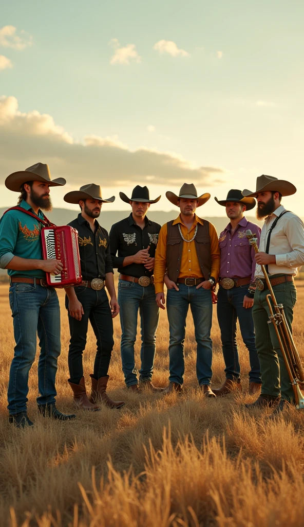 5 cowboy men working on a horse farm, some shirtless and another wearing a striped shirt and a cute young gay boy 27 years old, handsome, flirtatious with them, the others want to seduce him