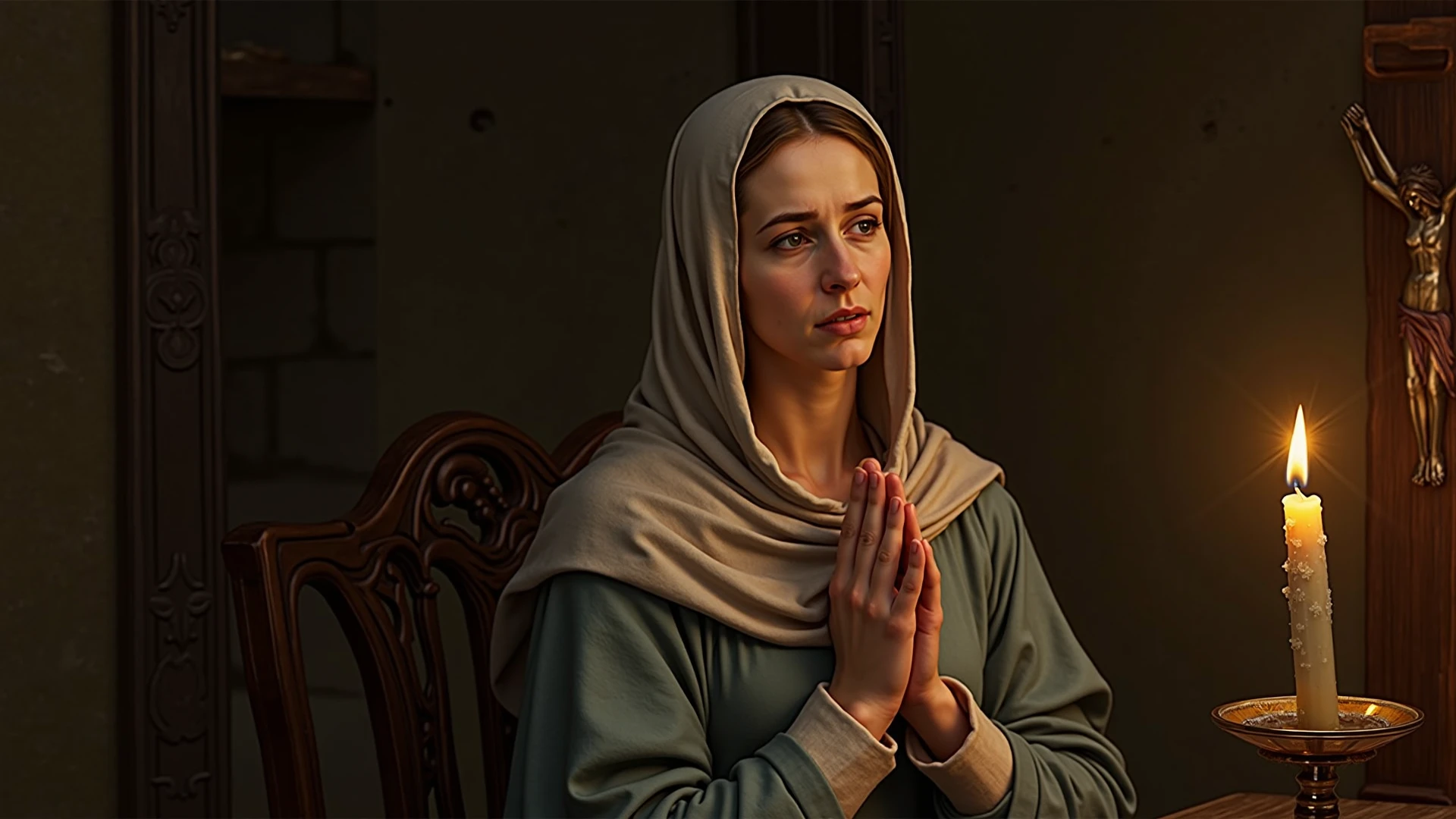 Virgin mary praying 4k image as side view in dark background