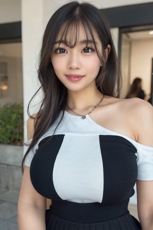 best quality, ultra high res, (photorealistic:1.4), 1girl, off-shoulder white shirt, black tight skirt, black choker, (faded ash gray hair:1), (huge breasts:1.2), looking at viewer, closeup ,