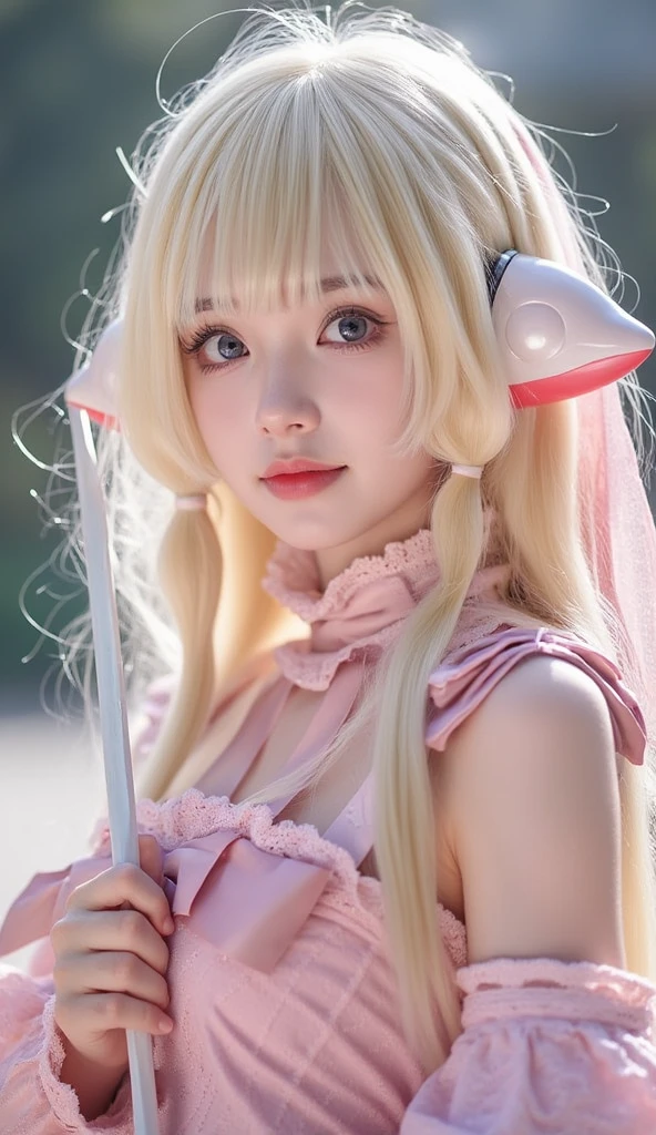 ultra-detailed,(8k, RAW photo, best quality, masterpiece), dslr, high quality, <lora:shinobuOshino_loraoshinoshinobuV1:0.8> (blonde) (blonde_hair), (yellow_hair), ((long_hair)), ((bangs)), (yellow_eyes), blush, pointy_ears, (blush_stickers), big brest, white_dress, bow,  barefoot, beautiful, sharp, smooth skin,