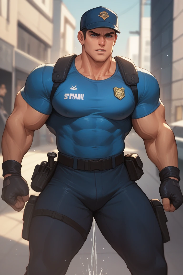 young muscular man, rectangular body, trapezoidal head, with blue eyes, Latin features with a gunslinger-style beard and short silver hair, in short tight underwear, shirtless and tanned skin, posing standing, full body image