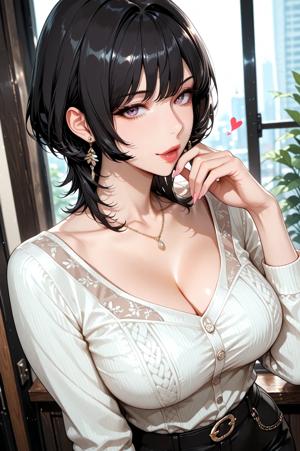 Hot sexy beautiful milf mom biting her lower lips, cleavage,off shoulder oversized shirt, stocking,skirt,slender body, detailed lips rings ,black blunt hair,black eyes,white sun glasses on head, detailed ,long threader earrings , alluring face, smiling, necklace ,