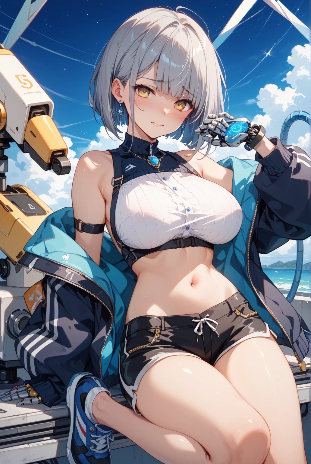 Solo、((top-quality、8K、masterpiece:1.3))、Provocative facial expressions、foco nítido:1.2、Beautiful woman with perfect body shape:1.4、Beautiful face、beautiful countenance、White hair、(Pixie Bob)、A slender 、The navel is visible、abdominals:1.2、A sexy、shortpants:1.5、Rubber Enamel Bodysuit:1.7、Highly detailed facial and skin texture、A detailed eye、二重まぶた、Black pantyhose:1.3、(Tanned skin:1.3),(groin)