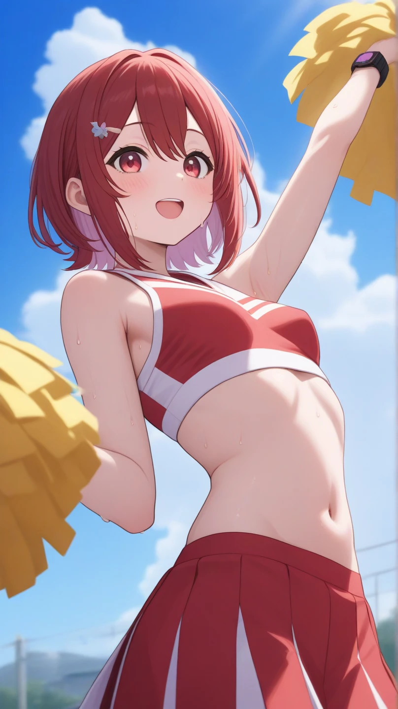 (perfect body),highest quality,16k,((((()))))、(((NSFW)))、Mating Press、sex、Bikinis aside、(((((blush))))),(:D)、(close your eyes)、embarrassing,(short hair), (((orange eyes))),((((pink hair)))),(Sweat),((())),((((wavy hair)))),Ahoge,Valletta,(white knee socks),((big ass)),((Cheerleader))、((Comes with a yellow pompom))、(((light blue striped bikini)))、(((open white shirt)))、(((yellow mini skirt)))、(((((panty shot)))))、(((((flat chest)))))、(((thick thighs)))、armpit、((raise your legs))、(((((he is short)))))、ground