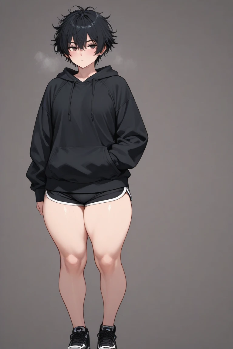 +++, 1girl, ahoge, bangs, bike shorts, black hoodie, black shorts, blush, full body, closed mouth, crop top, cropped hoodie, grey hair, hair over eyes, hood, hood down, hoodie, long sleeves, midriff, navel, short hair, shorts, simple background, sleeves past wrists, smile, solo, standing, stomach, white background, white hair, Miko, <lora:Miko-10:1>, <lyco:chelodoyStyleLocon_v1:1.0>