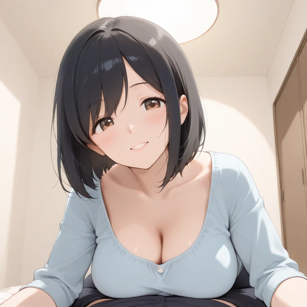 anime、45-year-old woman１people、Wearing a T-shirt，Face Enhancement，Chest Super Zoom，Emphasize cleavage，Looking up from below，Blushing，Red lips，Sexy，Bedsit，smile、Wear underwear、Sweat、lure