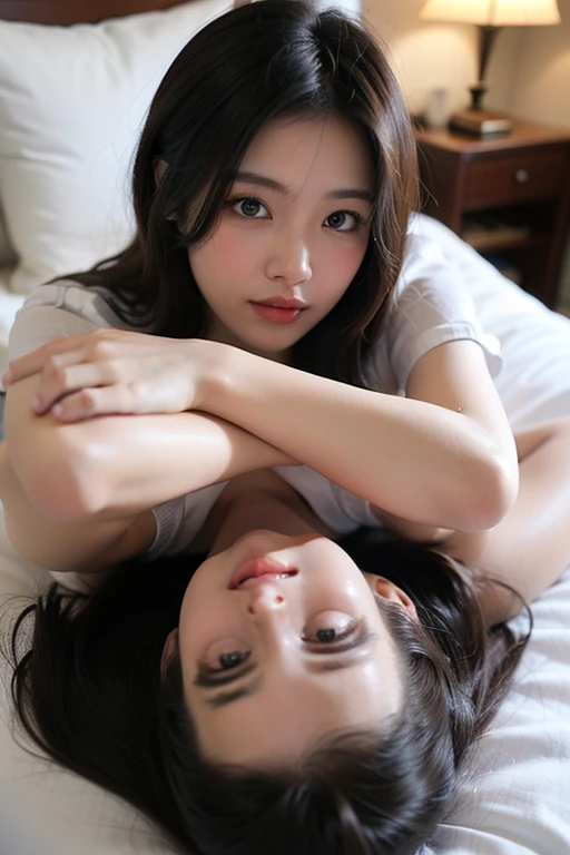 a smiling happy korean girl,1 girl, young girl,beautiful detailed eyes,beautiful detailed lips,extremely detailed eyes and face,longeyelashes,above knee length modern magenta sweetheart dress,sleeping in hotel bedroom, lay down on bed,ultrarealistic,ultra hd,photorealistic,highres,masterpiece,extremely detailed,sharp focus,vivid colors,natural lighting,soft lighting,warm color tones