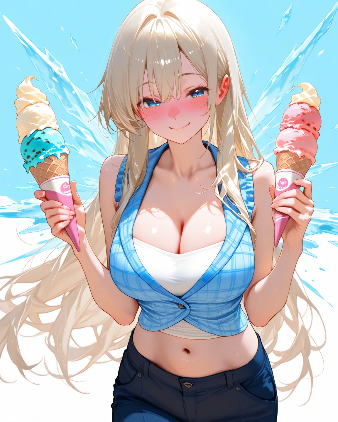1girl, (thick eyebrows), tareme, big tits, blonde hair, very_long twin tails, full-face blush, half closed eyes,tegaki, Licking soft serve ice cream, strong midsummer sun, sweat, wet, see-through camisole, cream in 口,
masterpiece, best quality, very aesthetic, absurdres, highly detailed