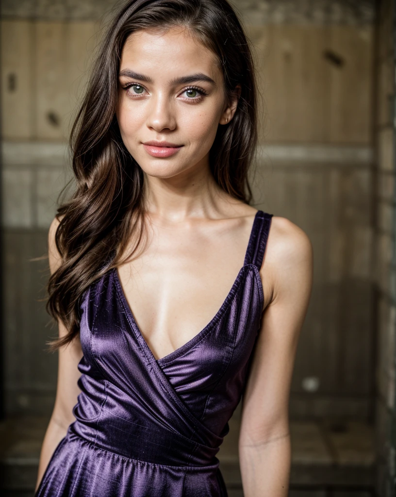 Cute beautiful and sexy European brunette with light green eyes, 22 years,
seductive look in the eyes, girl wears designer purple velvet dress, castle ruins, full body shot, walking, sardonic smile, purple velvet dress, sneakers, bare legs, purple dress,
innocent face, face length 1.3 times the width of the face, Almond eyes, square face shape, high cheekbones, naturally wavy hair, light green eyes, High resolution, Masterpiece, Best Quality, intricate details, Very detailed, sharp focus, detailed skin, realist skin texture, texture, detailed eyes, professional, 4k, charming smile, shot with cannon, depth of field, Kodak Color Vision, perfectly fitted body, extremely detailed, Photo_\( ultra\), Photorealist, realist, Post processing, maximum details, roughness, real life, ultrarealist, Photorealism, Photography, 8k hd, Photography
