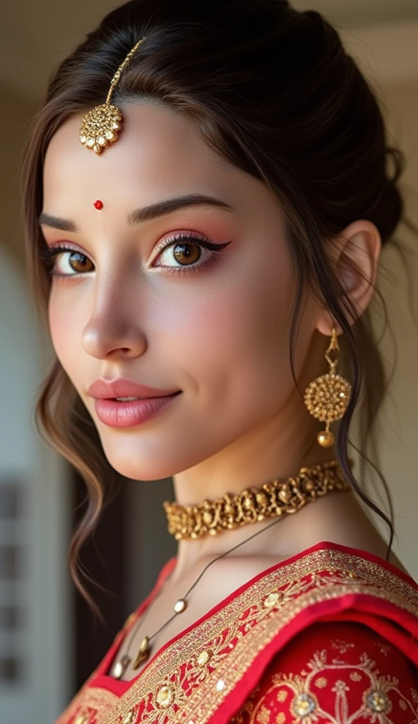 best quality,highres,realistic:1.37)india's most beautiful lady,digital art wonders,princesscore,realistic historical fiction,charming detailed eyes and lips,fierce expression,historical attire,richly embroidered clothing,gold jewelry,dark wavy hair cascading down her back,flowing colorful silk saree,ornate palace in the background,historical architecture,detailed hand gestures,light amber candlelight,soft shadows and highlights,delicate facial features,meticulous attention to detail,subtle nuances of emotion,depth and richness in colors,expressive eyes that convey a sense of longing and strength,royal elegance and regal pose,graceful and confident stance,traditional henna patterns on her hands and feet,dusky complexion that glows in the warm light,realism with a touch of fantasy,impressive artistry,digital brushstrokes,soft and dreamlike ambiance,ethereal beauty,rich cultural heritage,indian independence day and folklore blended with contemporary digital techniques,masterpiece painting,pristine skin complexion,gorgeous traditional makeup,ornamental hair accessories,vibrant colors with a touch of darkness,dark white and light amber color palette,evocative and captivating art that tells a story,attention to historical accuracy while adding a touch of imagination,detailed background with architectural elements and intricate designs,deep emotional connection with the viewer.,big breasts, earrings