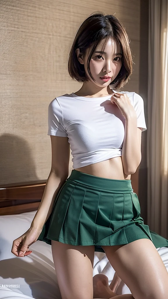 Beautiful Korean teenager, tight short sleeve top, large breasts, long hair,   short skater skirt, masterpiece, full body shot, eyes closed, mouth wide open, laying down on back,
