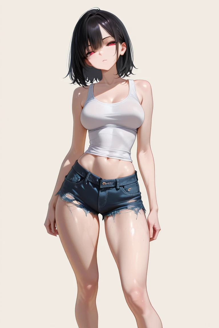 (masterpiece, best quality:1.2), Shader, front shot, 1girl, kawaii, (super big breasts, micro waist, very long legs:1.3), Black hair, short bob hair, short height, scrawny and thin body, Light Skin, cute big eyes, cute beautiful thin face, shorts, pigeon-toed, wet and sweaty, big visible ribs, V sign, Trembling