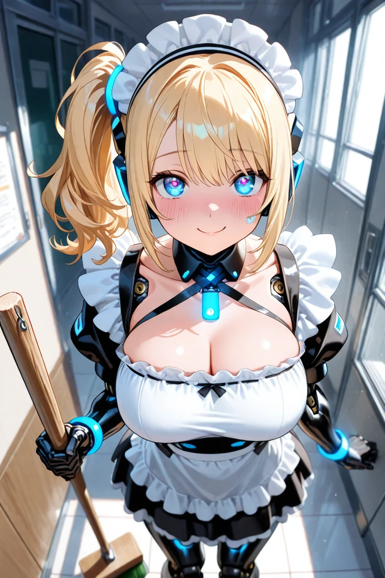 "anime girl, 1 person, silver-white hair mixed with blue, blue eyes, wearing headphones, maid outfit, lolita maid, big breasts, stockings, standing cross-legged, serving, licking lips, perspective  tilted, (full HD 4K+ image)"
