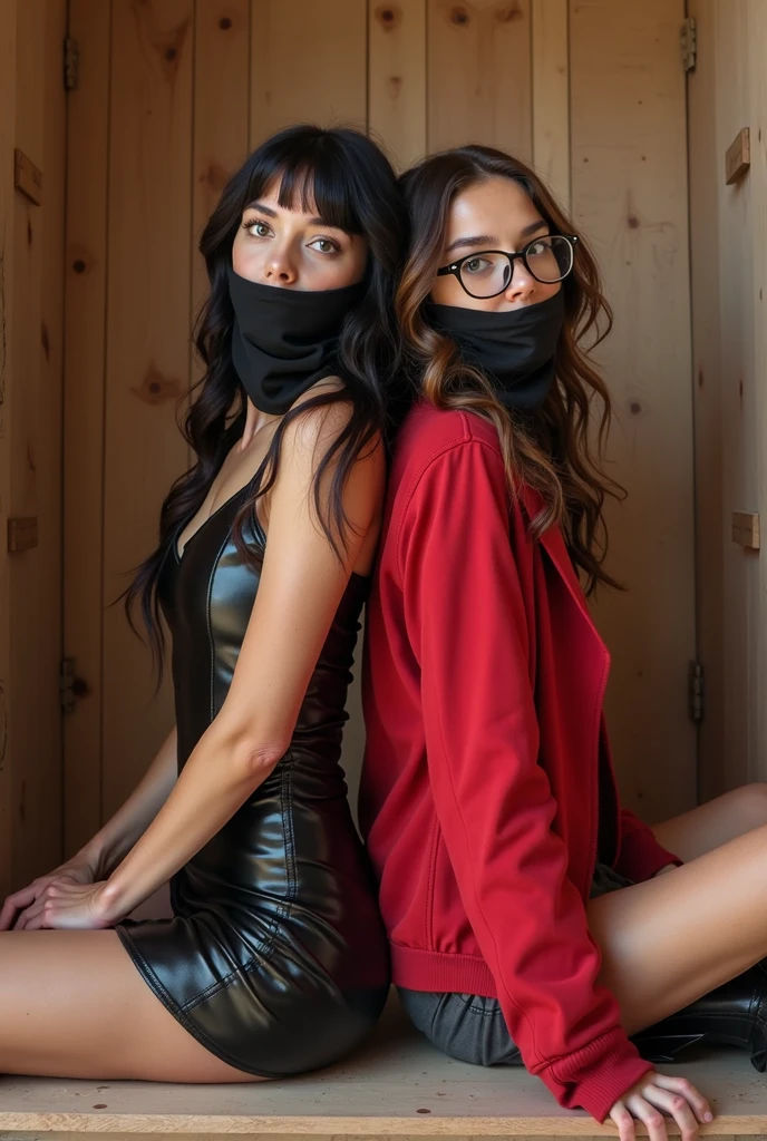 (masterpiece), best quality, expressive eyes, highres, perfect eyes, perfect face, perfect hands, 1girl, genie, zodiac, shirt over 1 shoulder, necklace, long hair, Brown Hair, headband, Brown eyes, Brown skirt, medium bust, charismatic, perfect anatomy, half body, 1girl, solo, necklace, jewelry, bound, bondage, (arms behind back:1.4), bdsm, tape gag, tape bondage, bondage, taped wrists, taped breasts, taped mouth, standing up, magical, hippie, leaning against wall, messy hair, swept bangs, brown baggy shirt, happy, excited, joyful, wide eyes, brown shirt,