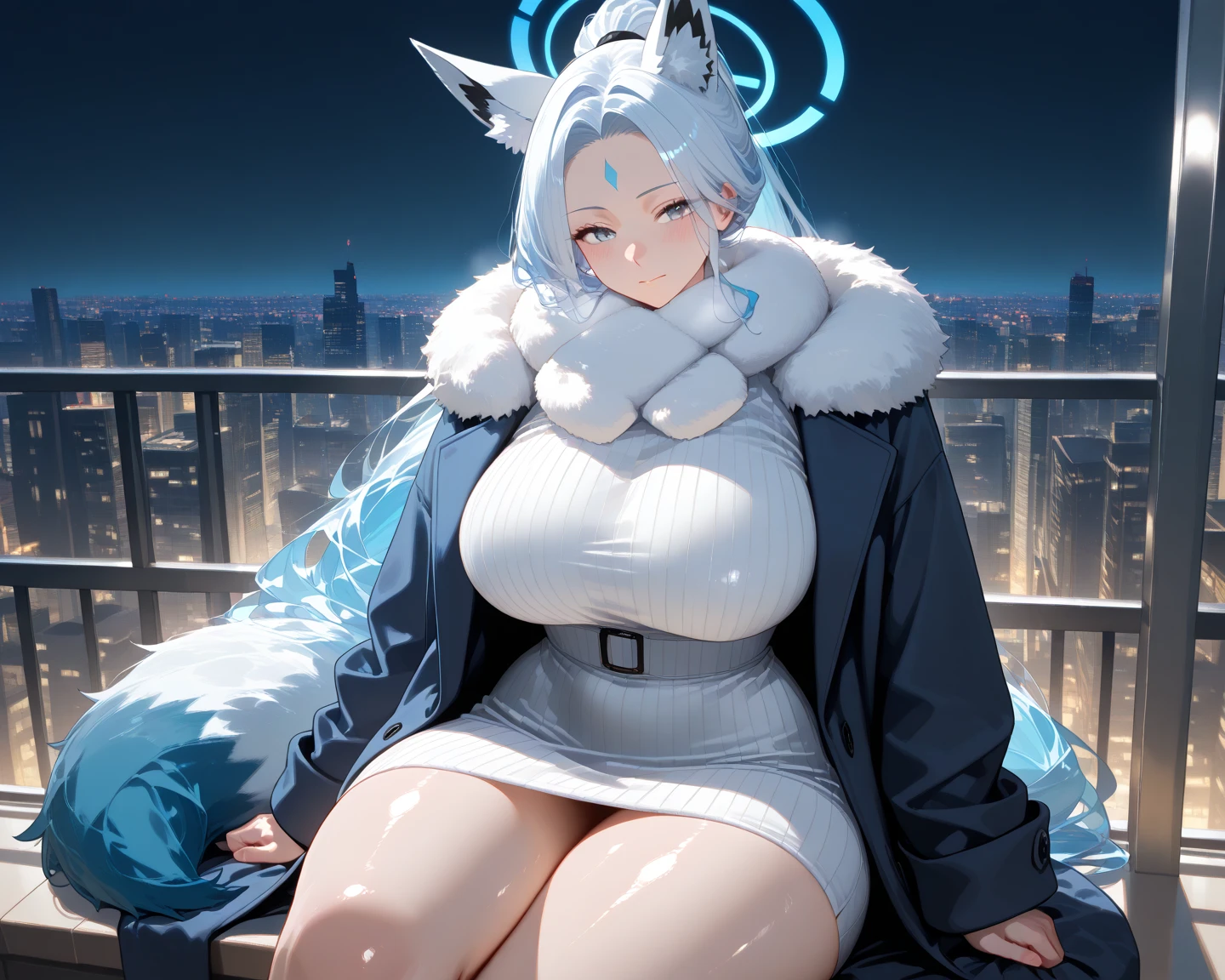 masterpiece, top-quality, high_resolution, fine detailed, highly detailed and beautiful, Distinct_image, 1 rapariga, 独奏, , A dark-haired, red eyes, (huge-breasted), (tits out),((Silver-haired long))Anime girl sitting on stair railing while looking at futuristic city,