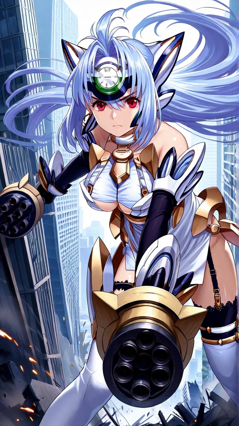 best quality, extremely detailed,anime style girl,long hair down to the waist, straight hair, ((dark black hair with bluish)),braid,beautiful detailed eyes, pinched eyes, (dark blue eyes),huge breasts,curvy,((((mechanical battle dress)))),clothing with complex patterns,hair ornament,cool expression,dynamic pose,((mysterious place)),dynamic angle