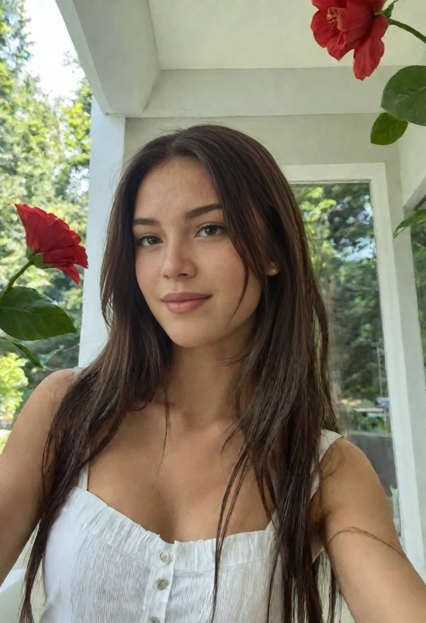 selfie photograph of an australian girl, 24 years old, red lipstick, curvy and busty, white skin, long jet black hair, wearing a sundress, floral background, beautiful symmetrical face headshot 4k quality, realistic
