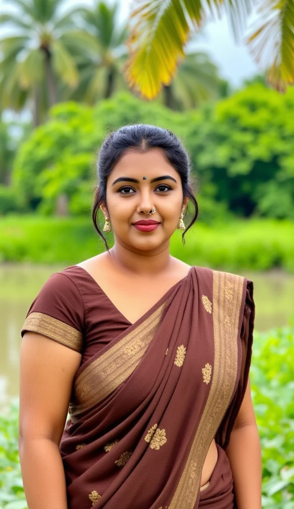 a woman in a sari smiling and posing for a picture, traditional beauty, assamese aesthetic, wearing bihu dress mekhela sador, with kerala motifs, blue colored traditional wear, traditional makeup, a still of a happy, with lovely look, dressed in a sari, , profile image, very extremely beautiful, showing boobs, showing deep cleavage, showing big breasts