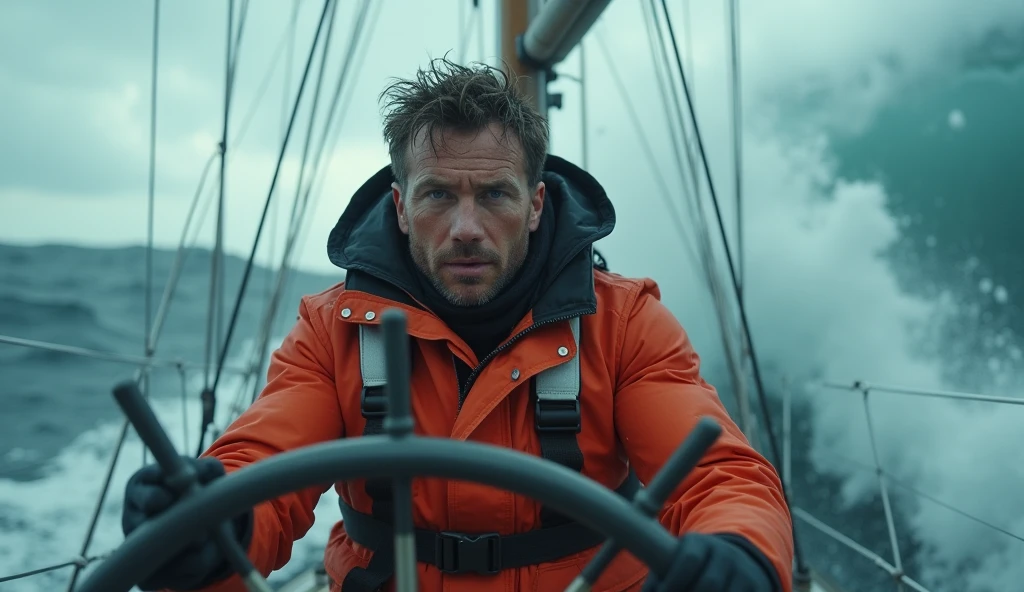 Create an image of an hypocrite man wearing a life jacket on the boat.