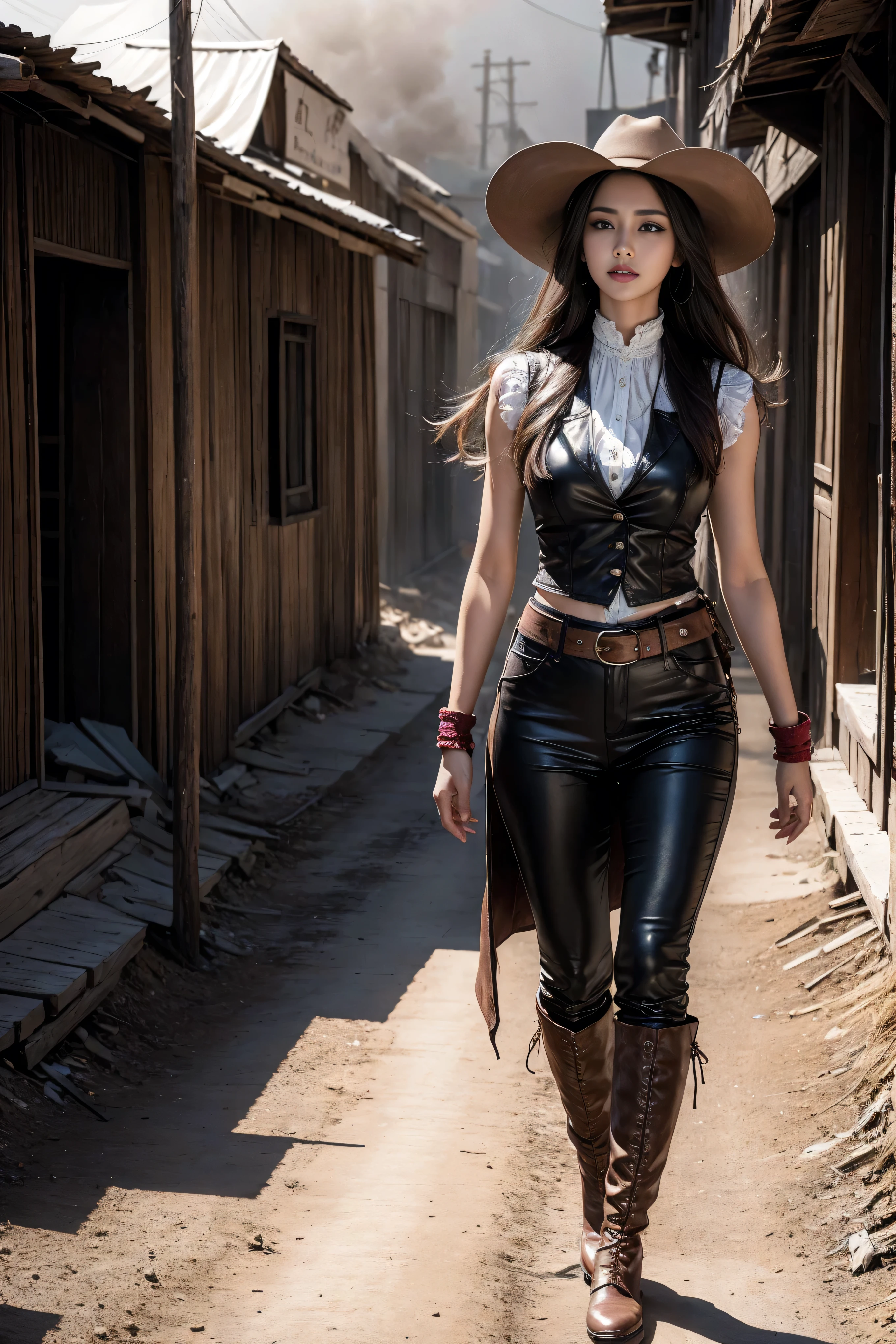 Full body cowboy woman circa 1880s, Brown long straight hair, Brown eyes, High arched eyebrows, Slender and graceful neck, Red lips, Large Breasts, Brown Leather Tights, Sleeveless Brown Leather Vest, Leather Boots, Walking on the dusty sandy streets of a deserted North American town,The wind blew through her hair, Practical, photoPractical, photoPractical, fear, Dark gloomy atmosphere and dramatic lighting, dark red, Foggy environment, Detailed facial expressions, Terrible fog