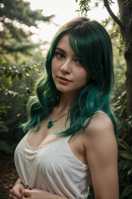 A captivating fantasy illustration featuring a stunningly beautiful woman naked with a side view profile. Her face is intricately intertwined with branches and leaves, creating a tree-like appearance. Her vibrant green hair flows gracefully, and her eyes are filled with a mysterious allure. The background showcases a breathtaking red and yellow sky, with designer stones and water elements adding a touch of luxury. The overall atmosphere of the illustration is mesmerizing and otherworldly.