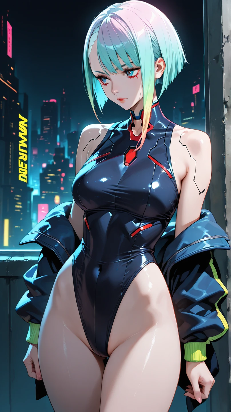 (((Adult Woman))), ((Best Quality)), ((masutepiece)), Genesis evangelion neon style clothing, bobhair, Perfect proportions, Crysisnanosuit, Blue hair, Blue eyes, Hyper Realistic