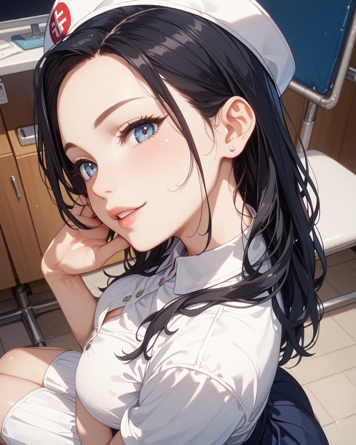 Dental hygienist、Look into the face、(from below), throw,white coat、nurse attire、mask、handle、Toothbrush in hand、Upper body、cowboy shot、mask美女、detailed face、Dense and delicate、complicated eyes、beautiful face、Beautiful woman、narrow her eyes、cleavage、