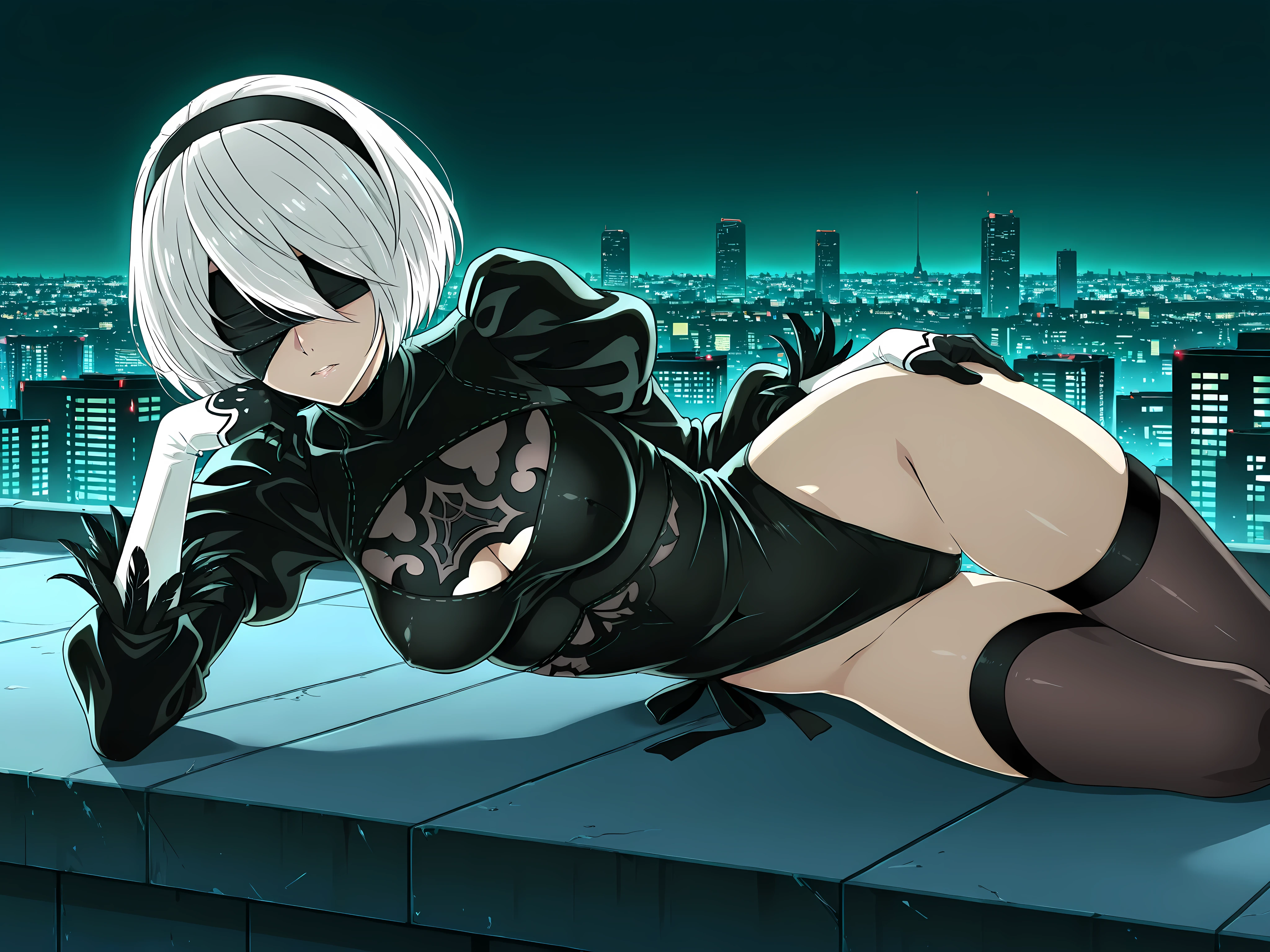 2B from Nier Automata, ((anime style)), ((lying on her side)), ((futuristic rooftop at night)), (((city skyline glowing in the background))), wearing her ((classic black gothic combat attire)), (blindfolded), white hair, ((elegant and sensual pose)), (curved body), (one leg bent), (hand resting on her hip), (((intense and confident expression))), ((neon highlights on her outfit)), (bright city lights), cinematic composition, (soft ambient lighting), (detailed anime shading), (((high details))), moody and atmospheric