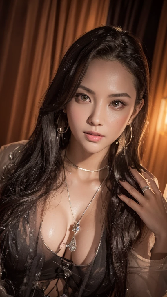 Urban beautiful girl college student, masterpiece, light makeup, red lips, silver hair, messy long hair, street background, beautiful, elegant. super fine details, master works, authentic texture, cinematic lighting realism, perfect job, 16K, hd, exquisite features,blue eyes、japanese idol、Beautiful Face、cute smile、brown hair、beautiful hair、Stylish hair style,glamorous、 big breasts、erect nipples、Oily muscle、shiny skin、tanned skin、Black glowing skin、Wearing a sexy night dress, bright big eyes, smooth skin, earrings, necklace, tattoo