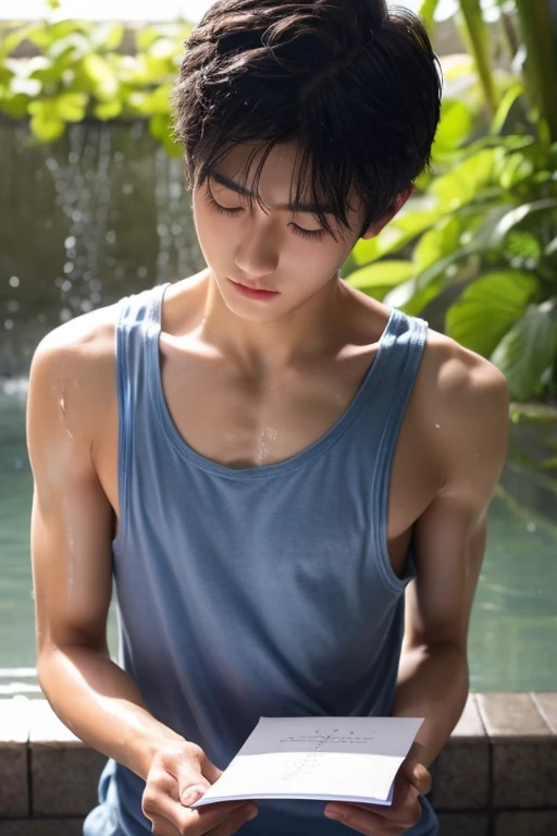 Mature, masculine handsome, high quality, dynamic angle, masterpiece, wet, male model, masterpiece, extremely handsome, sunshine boy, water's edge